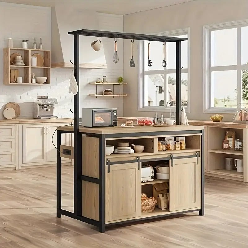 42" Kitchen Island Storage With Sliding Barn Door, Table Island Kitchen Cabinet With 2 Side Hooks, 3-Tier Shelves, Multi-Functional Dining Storage For Living Room 41.2"x24.6"x72.1"