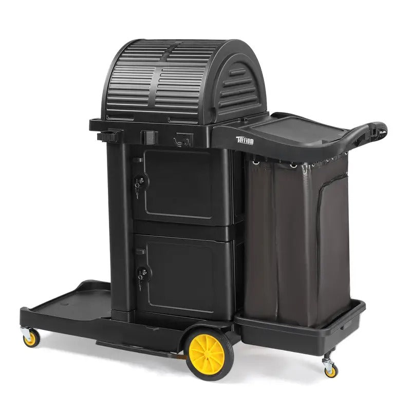Industrial Service Cart w/Locking Cabinet - Heavy Duty 3-Tier Utility Cart on Wheels for Hotel, Hospital, Janitorial & Facility