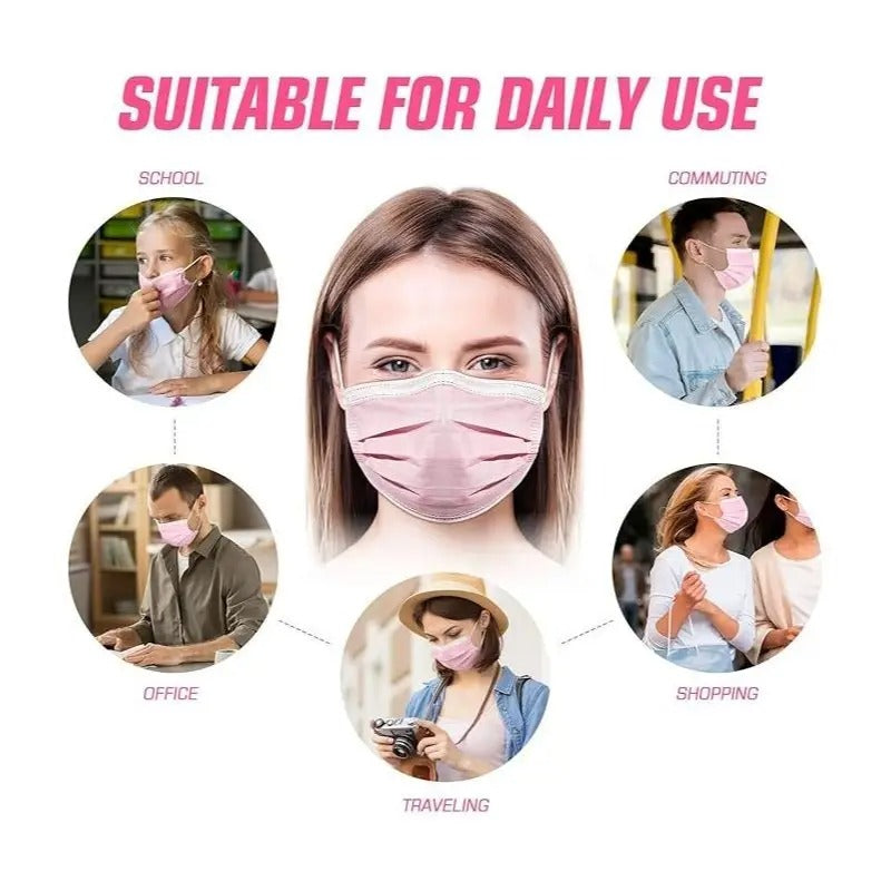 100Pcs Pink Disposable Face 3-Ply Filter Breathable Earloop Masks