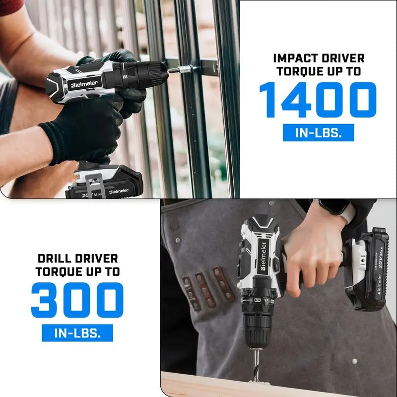 [20V Drill Driver Combo] Bielmeier 20V 2 Speed 3/8" Drill & 1/4" Impact Driver Combo Kit, Lightweight, 3200RPM Driving Speed, 1500RPM DRILLING Speed, With 33pcs Drive Bits And Sockets, Accessories Box, Tool Bag, Battery And Charger, For Home Repair, DIY