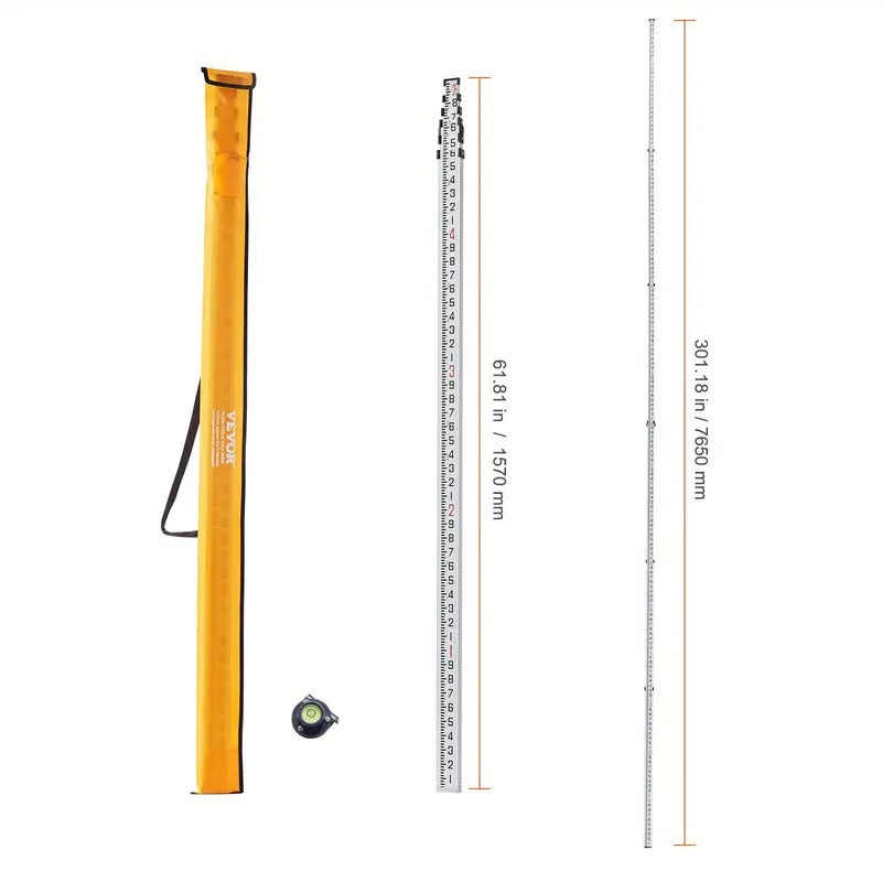 Happybuy 25ft Aluminum Measuring Rod, Dual-Sided 1/10ft Leveling Stick with Bubble Level & Carrying Bag - Ideal for Home, Wall, and Floor Surveying