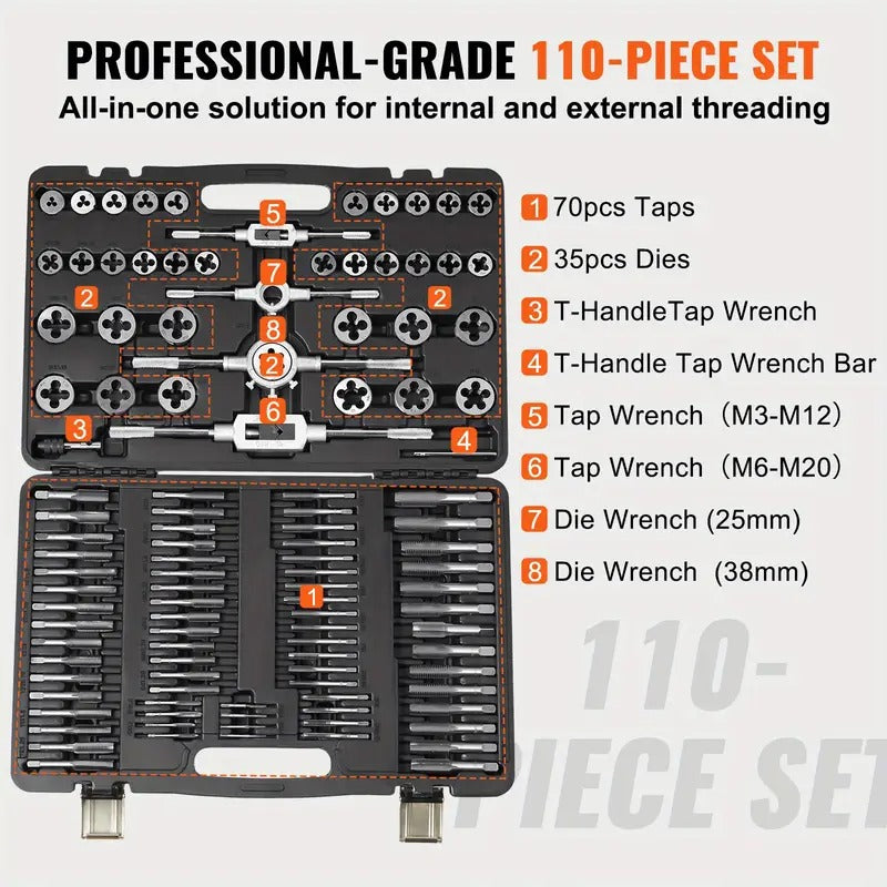 [Bearing Steel Tap and Die] 110pcs Happybuy Tap and Die Set - Metric Size M2 to M18, Bearing Steel Taps and Dies - Essential Threading Tool for Cutting External Internal Threads, with Complete Accessories and Storage Case