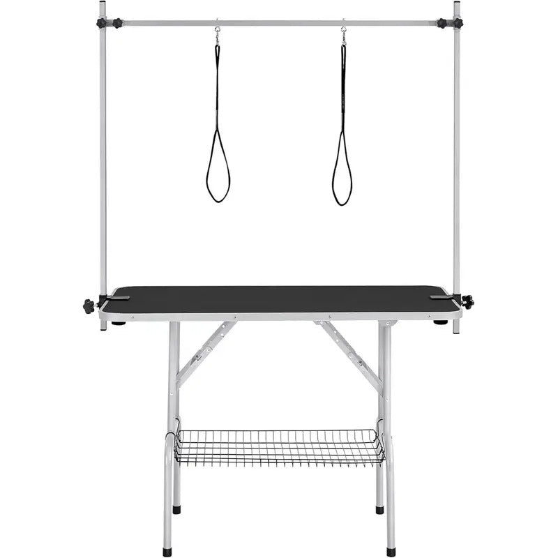 32in Foldable & Portable Pet Grooming Table for Home - Stainless Steel H-Shape Frame Height Adjustable Pet Beauty Table w/Arm/Noose/Mesh Tray