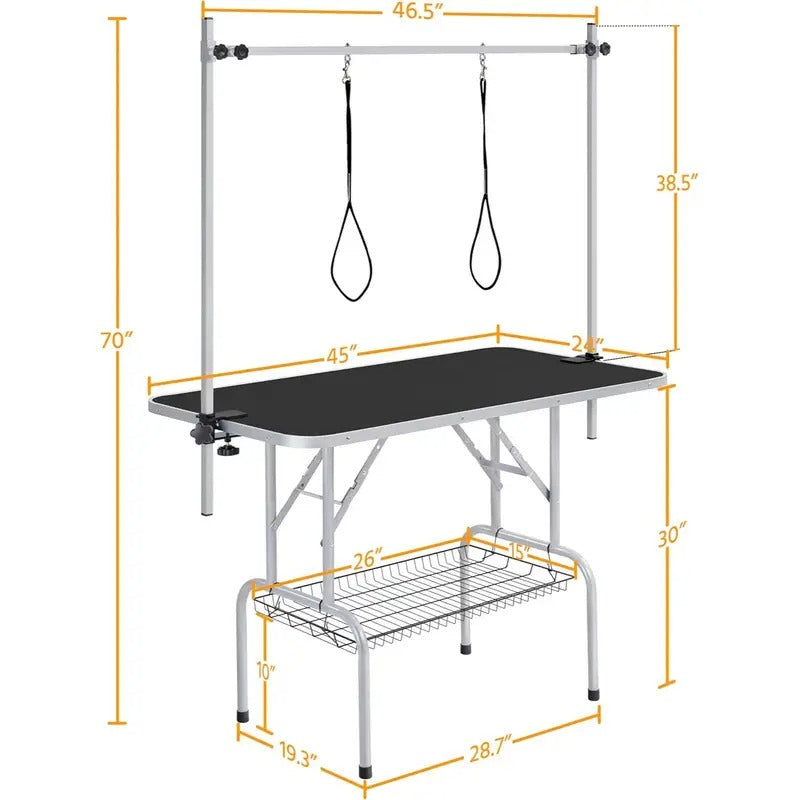 32in Foldable & Portable Pet Grooming Table for Home - Stainless Steel H-Shape Frame Height Adjustable Pet Beauty Table w/Arm/Noose/Mesh Tray