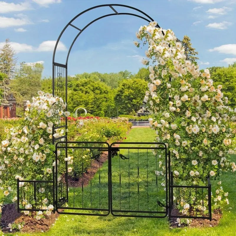 7.2ft Black Metal Garden Arch with Door and Planter Holders, Modern Style, 16mm Tubular Iron Arbor for Courtyard Decor