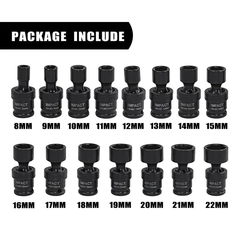 15pcs SEKETMAN Impact Universal Socket Set, 3/8"inch Drive, Swivle Head, Adjustable, 6 Point, Metric, 8-22mm, CR-MO STEEL Made, Professional Automotive Repair Tools