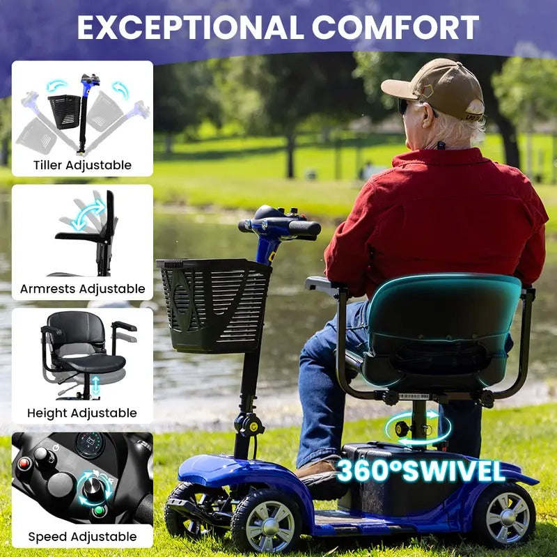 Comfortable & Convenient 10 Miles Long Range 4 Wheel Electric Mobility Scooter w/180W Motor for Seniors, Assemble Required, Up to 300Lbs Capacity, BLUE with Baskets