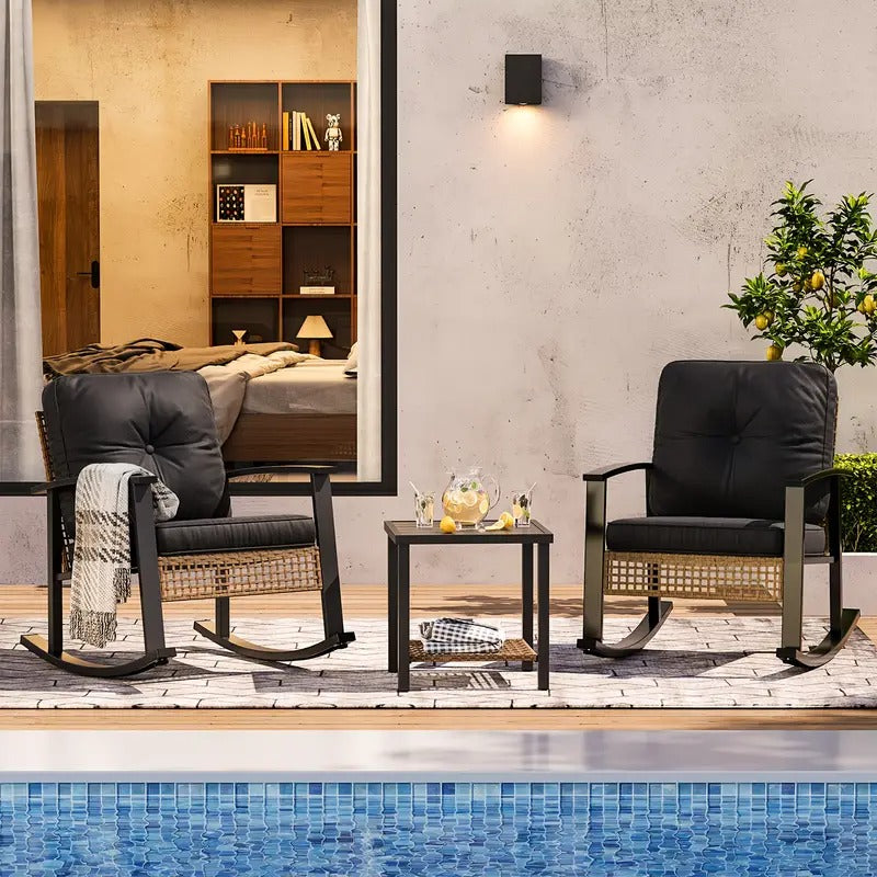 3pcs Outdoor Wicker Rocking Bistro Set, Patio Furniture with Coffee Table & Thick Cushions, 2 Rattan Rocking Chairs for Porch, Garden, Balcony, Backyard, Black