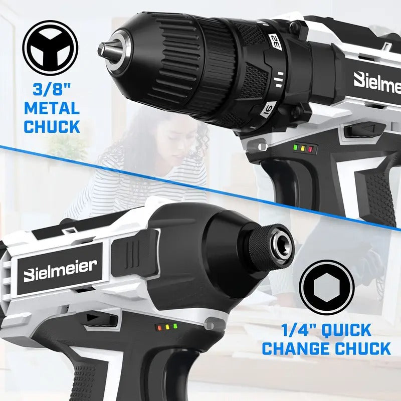 [20V Drill Driver Combo] Bielmeier 20V 2 Speed 3/8" Drill & 1/4" Impact Driver Combo Kit, Lightweight, 3200RPM Driving Speed, 1500RPM DRILLING Speed, With 33pcs Drive Bits And Sockets, Accessories Box, Tool Bag, Battery And Charger, For Home Repair, DIY