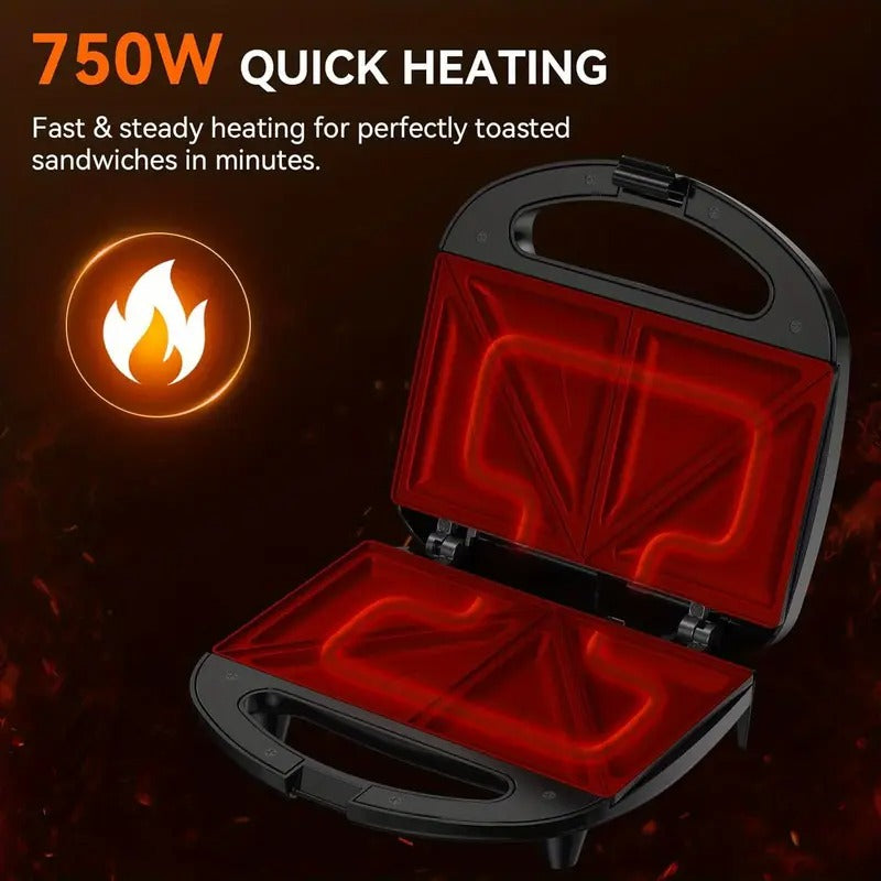 750W Triangle Sandwich Maker - 2-Slice Grilled Cheese Press with Non-Stick Plates - Ready Indicator Lights & Cool-Touch Handle - Easy to Clean