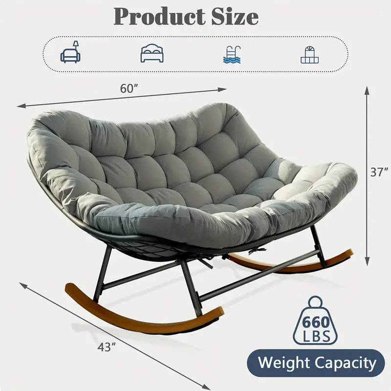 [Papasan Rocking Chair] Patio Rocking Chair Outdoor - Oversized Papasan Rocking Chair For 2 - E-Coated Steel Frame - Thick Cushion