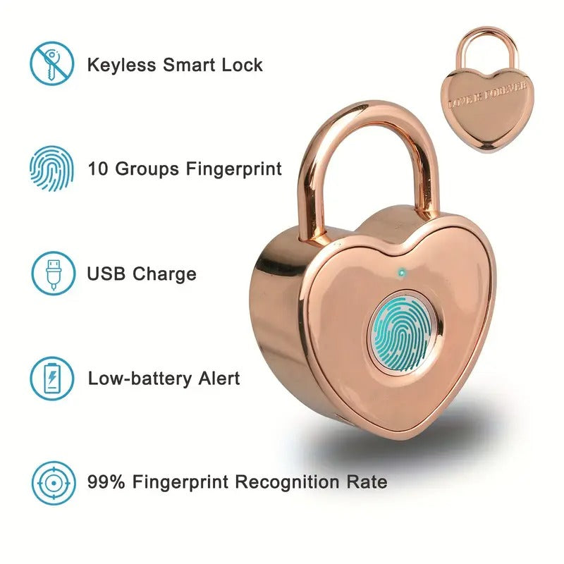 [Rose Golden Fingerprint Padlock] Rose Golden Small Smart Padlock - Heart Shaped Fingerprint Lock for Gym Locker, Backpack, School, Mailbox, Travel Suitcase