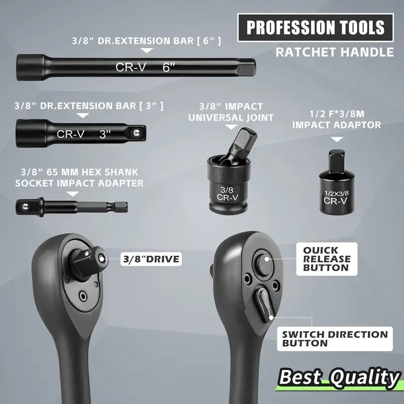 [Impact Socket Set] 3/8inch Drive Impact Socket Set, 50pcs Professional 6 Point Metric (8-22mm) & SAE (5/16-3/4Inch) Sockets, Chromium Vanadium Steel, with Adapters Ratchet Handle & Dedicated Suitcase Packaging. Nice Gifts