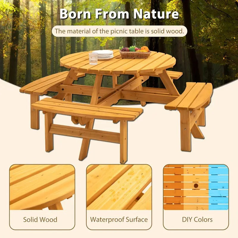 [Wooden Picnic Table] 8 Person Wooden Picnic Table | Outdoor Camping Dining Table with Seat, Garden, DIY W/ 4 Built-in Benches, 2220lb Capacity - Natural Easter