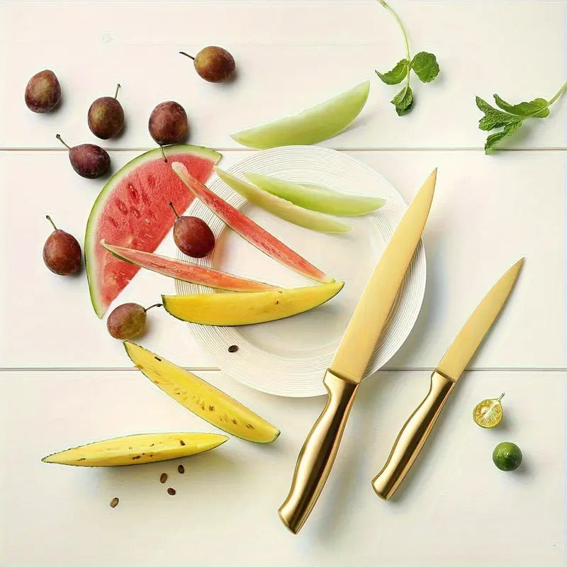 Golden Knife Set with Knife Holder, 6/14pcs Knife Set with Knife Holder, Golden Kitchen Knife Set, Stainless Steel, Ergonomic Design, Professional Ultra-Sharp Kitchen Knives,