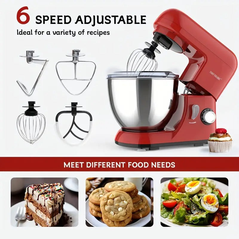 Cheftronic Stand Mixer, 6 Speeds, 4.5-Quart Mixing Bowl, Egg Whisk, Flat Mixing Paddle, Dough Hook, and Splash Guard with Pour Spout, Red, SM-985R