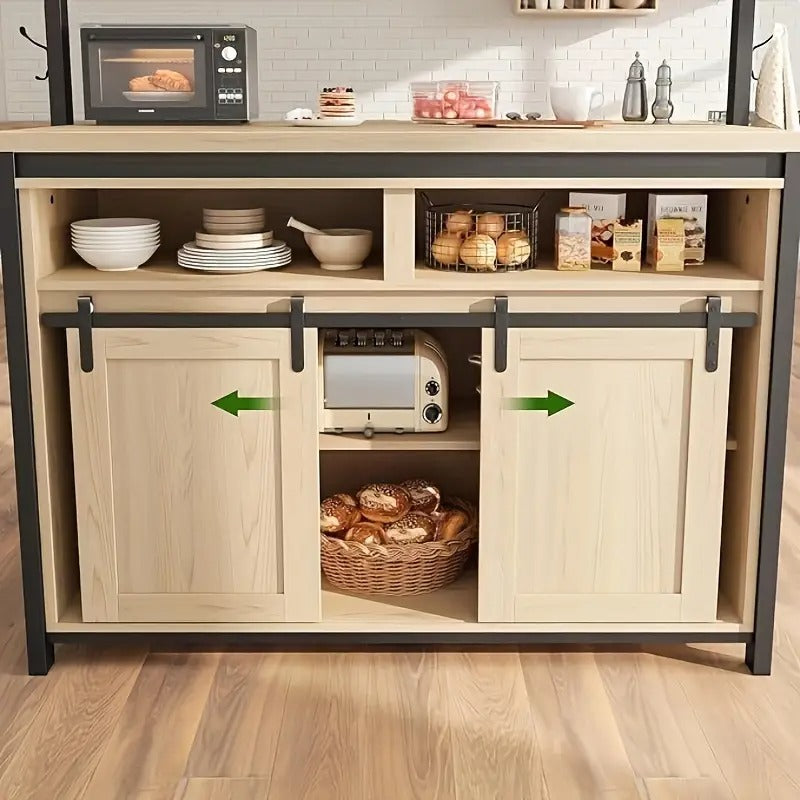 42" Kitchen Island Storage With Sliding Barn Door, Table Island Kitchen Cabinet With 2 Side Hooks, 3-Tier Shelves, Multi-Functional Dining Storage For Living Room 41.2"x24.6"x72.1"