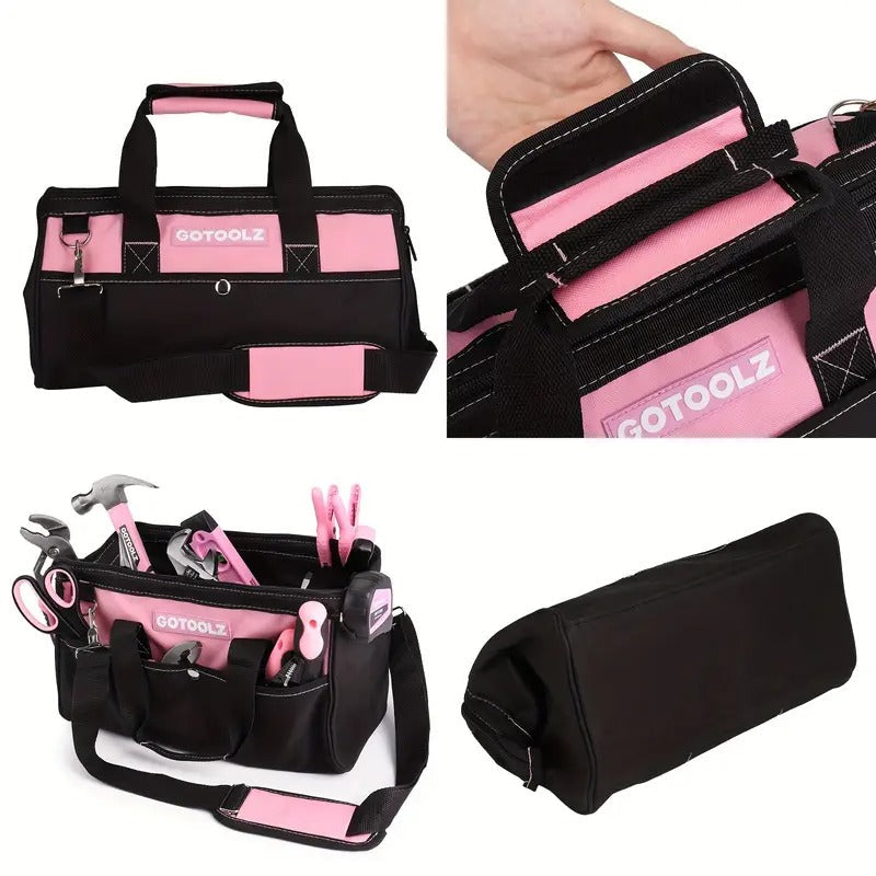 240-Piece Pink Home Tool Kit - Ladies Basic Tool Set For House With 14-Inch Wide Mouth Open Tool Bag - General Household Hand Tool Set For Home Repair, Maintenance And Improvement