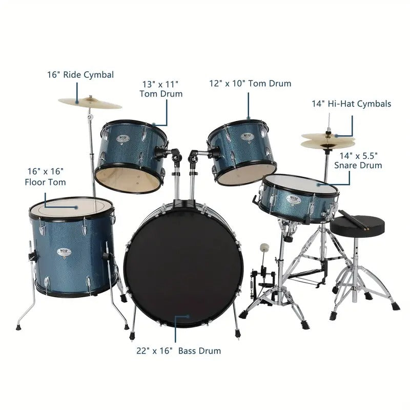 Full Size Adult Drum Set 5pcs Black with Bass Drum, Two Tom Drum, Snare Drum, Floor Tom, 16" Ride Cymbal, 14" Hi-Hat Cymbals, Stool, Drum Pedal, Sticks, Drum Set for Adults, Music