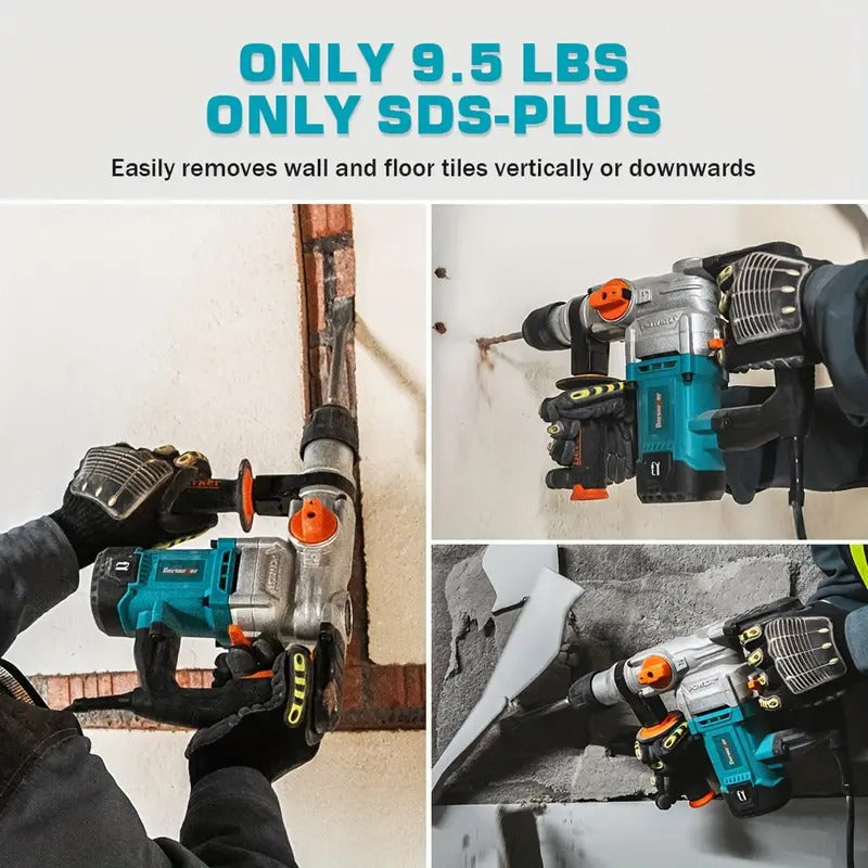 [9A 3-Fn Rotomartillo] 9 Amp 3-Function 1-1/8" SDS-Plus Rotary Hammer Drill With Safety Clutch | Corded Rotomartillo For Concrete | Including 3 Drill Bits, Flat Chisel, Point Chisel, Carrying Case