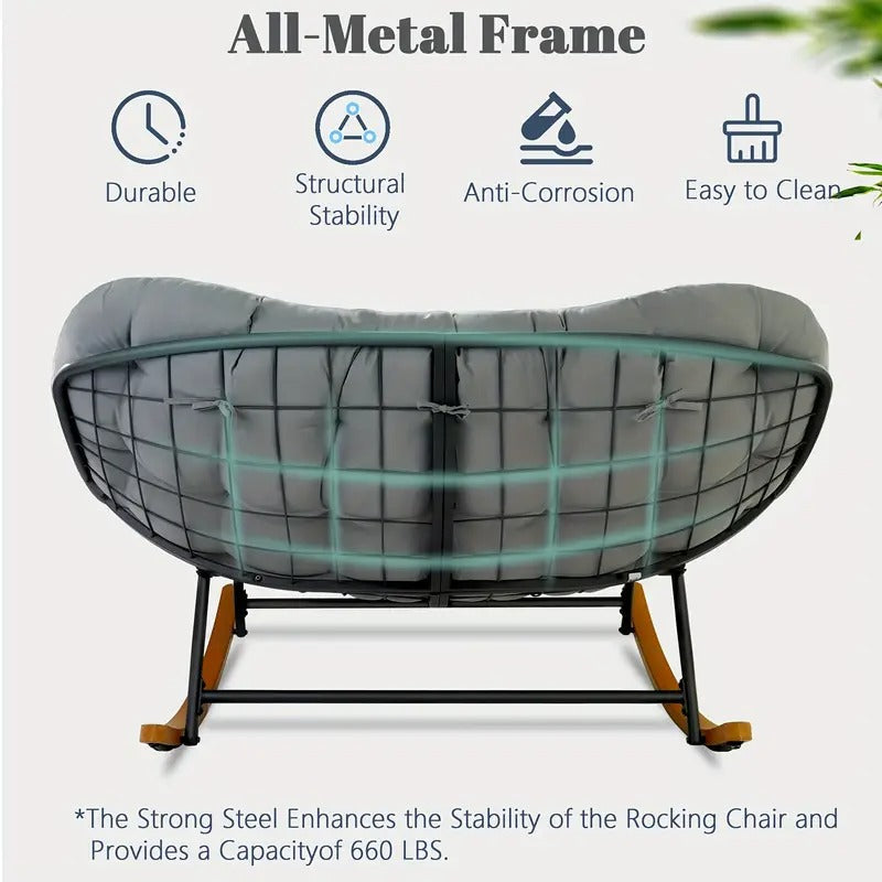 [Papasan Rocking Chair] Patio Rocking Chair Outdoor - Oversized Papasan Rocking Chair For 2 - E-Coated Steel Frame - Thick Cushion