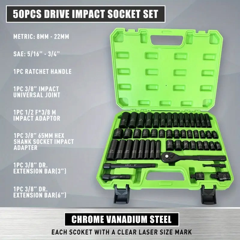 [Impact Socket Set] 3/8inch Drive Impact Socket Set, 50pcs Professional 6 Point Metric (8-22mm) & SAE (5/16-3/4Inch) Sockets, Chromium Vanadium Steel, with Adapters Ratchet Handle & Dedicated Suitcase Packaging. Nice Gifts