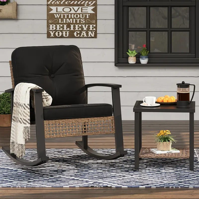 3pcs Outdoor Wicker Rocking Bistro Set, Patio Furniture with Coffee Table & Thick Cushions, 2 Rattan Rocking Chairs for Porch, Garden, Balcony, Backyard, Black