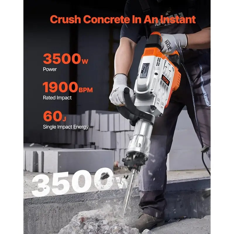 VEVOR Demolition Jack Hammer, 3500W Jack Hammer Concrete Breaker, 2pcs Chisel with Gloves & 360°C Swiveling Front Handle for Trenching, 1900 BPM Heavy Duty Electric Jack Hammer, Orange/Black