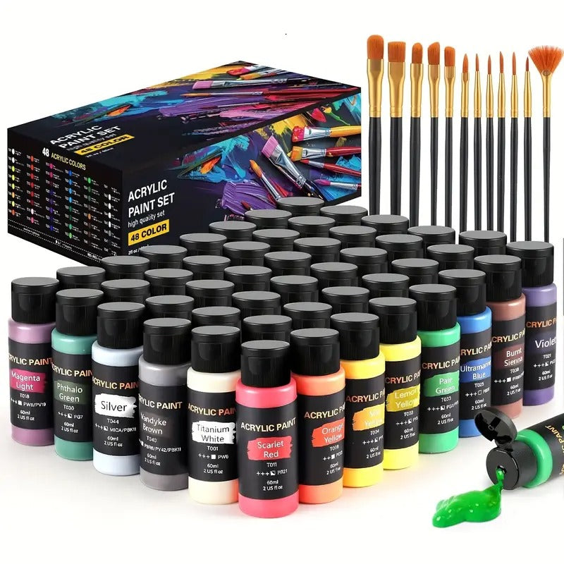36/48 Colors Painting Supplies (2oz) with 12 Art Brushes, for Painting Canvas, Ceramic & Fabric, Rich Pigments Lasting Quality for Beginners & Professional, Christmas & Halloween, Back to School