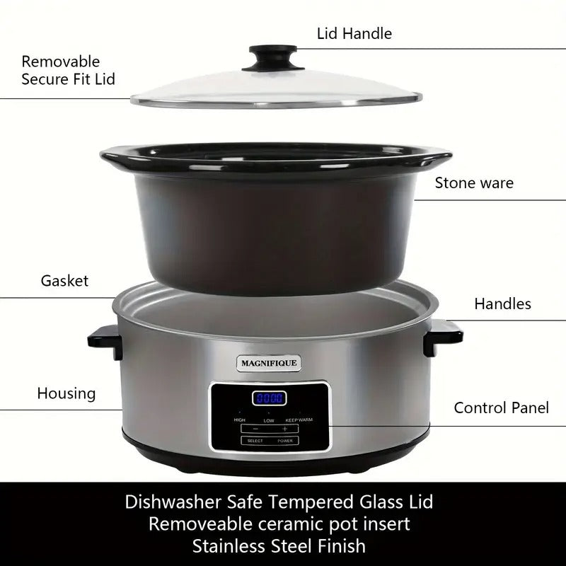 8-Quart Digital Programmable Slow Cooker with Timer - Small Kitchen Appliance for Family Dinners - Serves 10+ People - Heat Settings: Keep Warm, Low and High