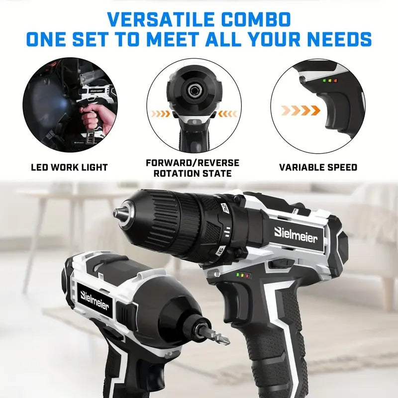 [20V Drill Driver Combo] Bielmeier 20V 2 Speed 3/8" Drill & 1/4" Impact Driver Combo Kit, Lightweight, 3200RPM Driving Speed, 1500RPM DRILLING Speed, With 33pcs Drive Bits And Sockets, Accessories Box, Tool Bag, Battery And Charger, For Home Repair, DIY