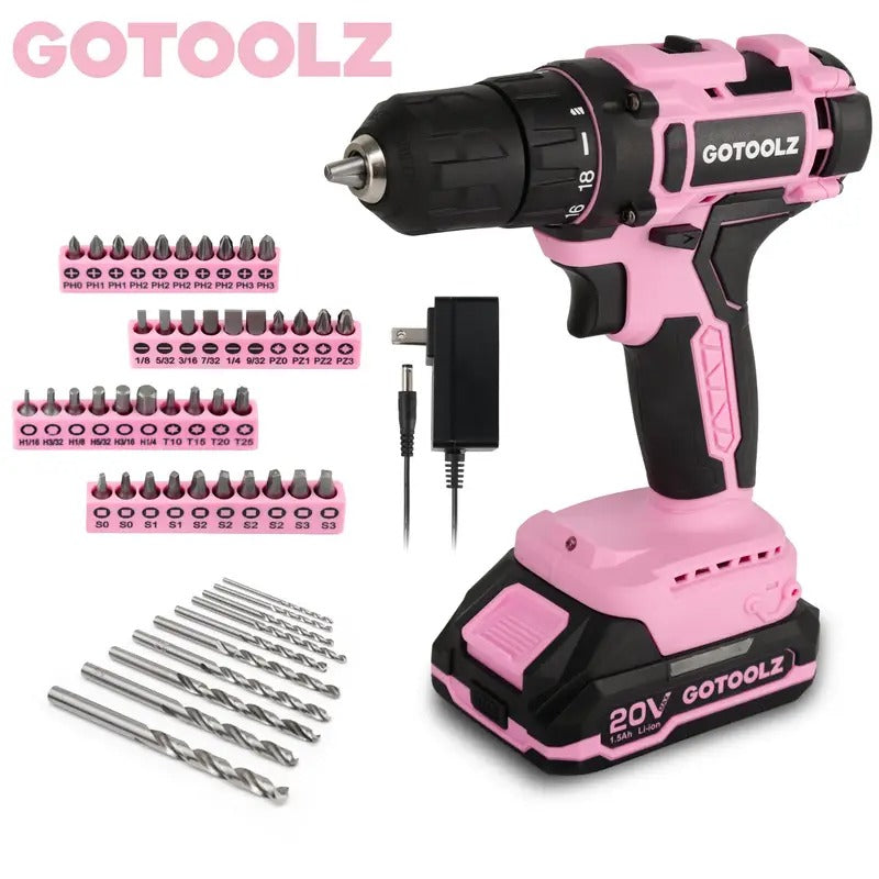 253-Piece 20V Pink Cordless Lithium-ion Drill Driver And Home Tool Set, Lady's Repairing Kit With 12-Inch Wide Mouth Open Storage Bag