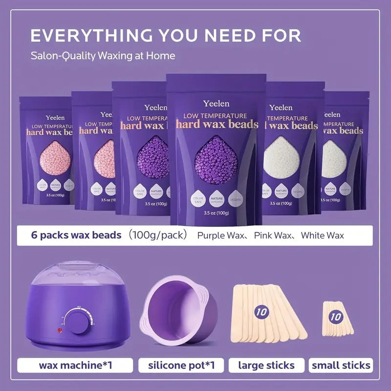 Home Bikini Hair Removal Kit for Women: Suitable for Sensitive Light Beige Brazilian Waxing Body Set - Includes 6pcs of Wax Beads in a Warm Silicone Pot, Easy to Clean