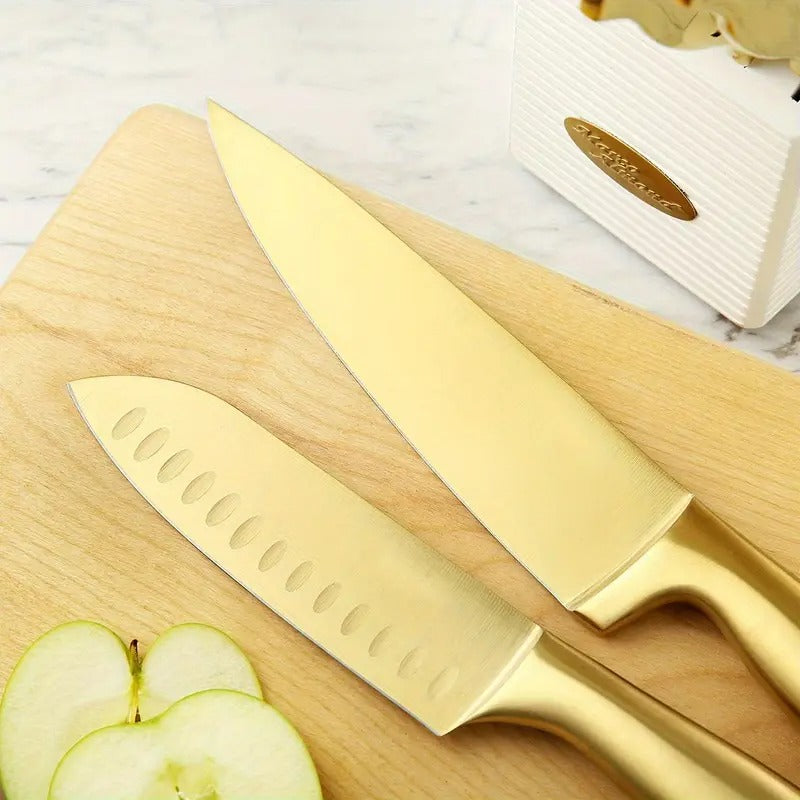 Golden Knife Set with Knife Holder, 6/14pcs Knife Set with Knife Holder, Golden Kitchen Knife Set, Stainless Steel, Ergonomic Design, Professional Ultra-Sharp Kitchen Knives,