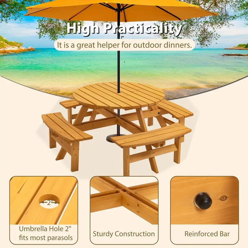 [Wooden Picnic Table] 8 Person Wooden Picnic Table | Outdoor Camping Dining Table with Seat, Garden, DIY W/ 4 Built-in Benches, 2220lb Capacity - Natural Easter
