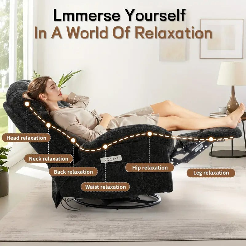 [Electric Recliner] Comfortable Oversized Swivel Recliner Chair | Adult Electric Recliner with USB Port and Side Pocket Storage, Large Chenille Recliner