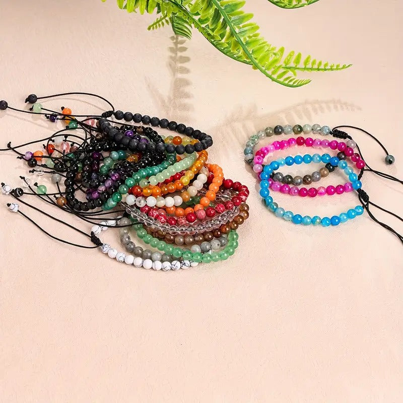 US Wholesale Lots 20pcs 6mm Natural Gemstones Agate Turquoise Braided Macrame Beads Men Woman Bracelet Adjust Handmade Party Gift