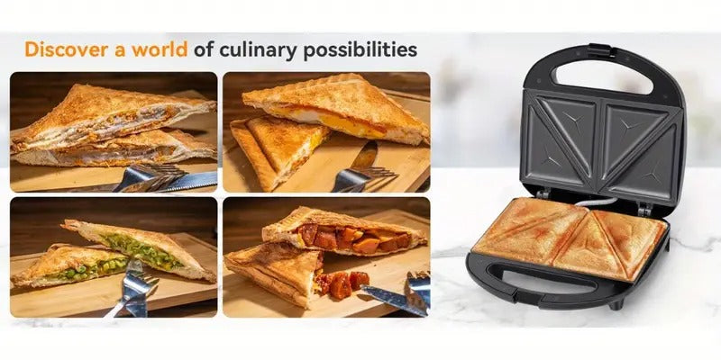 750W Triangle Sandwich Maker - 2-Slice Grilled Cheese Press with Non-Stick Plates - Ready Indicator Lights & Cool-Touch Handle - Easy to Clean