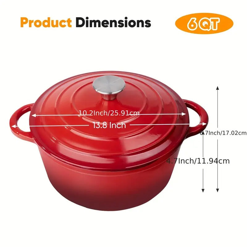 6 QT Enameled Dutch Oven Pot with Lid - Heavy-Duty Non-Stick Red Cookware, Dual Handles for Even Heat Distribution, Oven & Stovetop Safe - Ideal for Professional & Home Kitchen, Bread Baking, Roasting, Soups, Stews