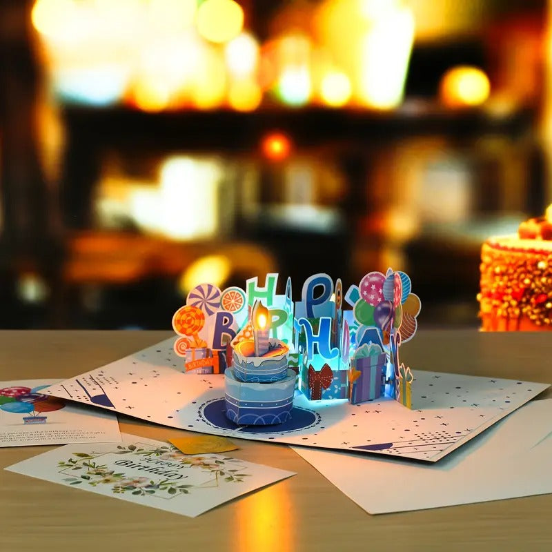 Firework Birthday Cards, Music & LED Lights 3D Pop Up Greeting Card with Blowable Birthday Cake, Comes with Digital DIY, Sticky Note And Envelope, for Lover, Family And Friend