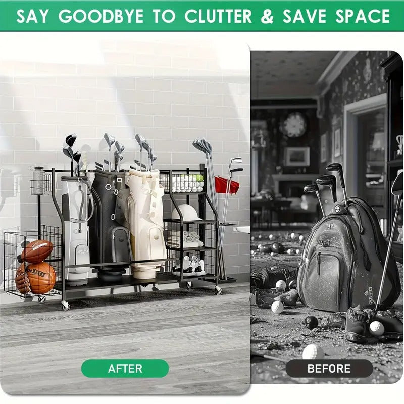 Golf Bag Storage Organizer, For 3 Golf Bags And Equipment Storage Rack With Wheels, Golf Bag Organizer With Side Storage For Golf Equipment Accessories