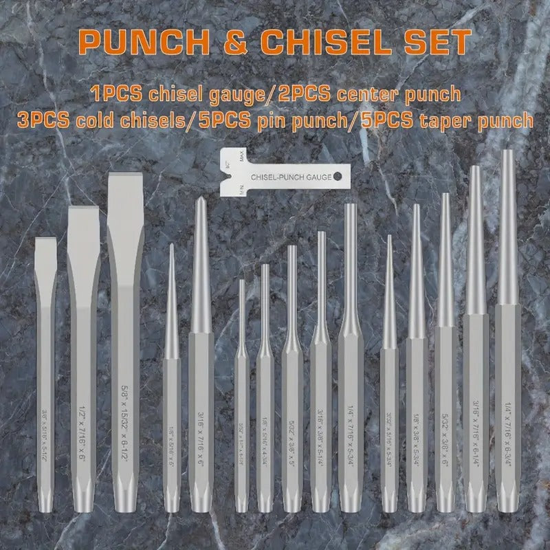 16pcs Punch And Chisel Set, Including Taper Punch, Cold Chisels, Pin Punch, Center Punch, Punching Chisel Set Suitable For Industrial Use