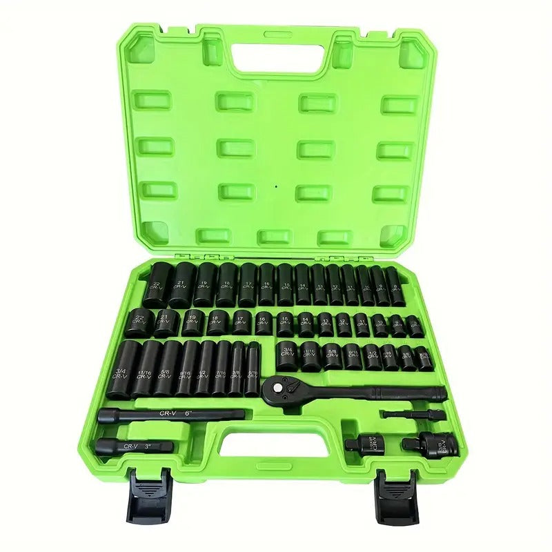 [Impact Socket Set] 3/8inch Drive Impact Socket Set, 50pcs Professional 6 Point Metric (8-22mm) & SAE (5/16-3/4Inch) Sockets, Chromium Vanadium Steel, with Adapters Ratchet Handle & Dedicated Suitcase Packaging. Nice Gifts