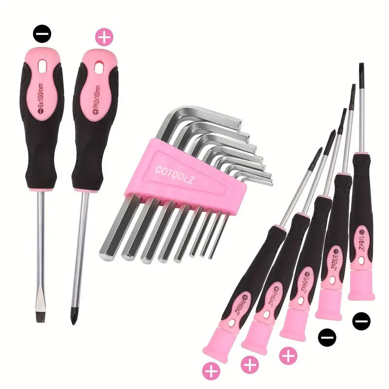 253-Piece 20V Pink Cordless Lithium-ion Drill Driver And Home Tool Set, Lady's Repairing Kit With 12-Inch Wide Mouth Open Storage Bag