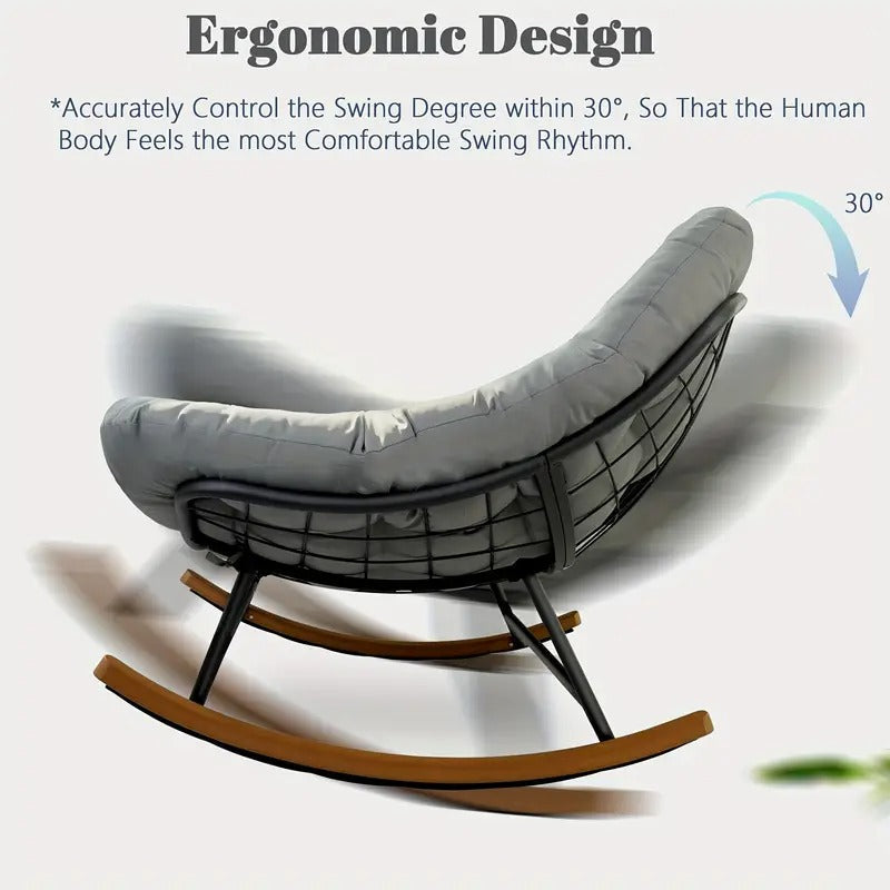 [Papasan Rocking Chair] Patio Rocking Chair Outdoor - Oversized Papasan Rocking Chair For 2 - E-Coated Steel Frame - Thick Cushion