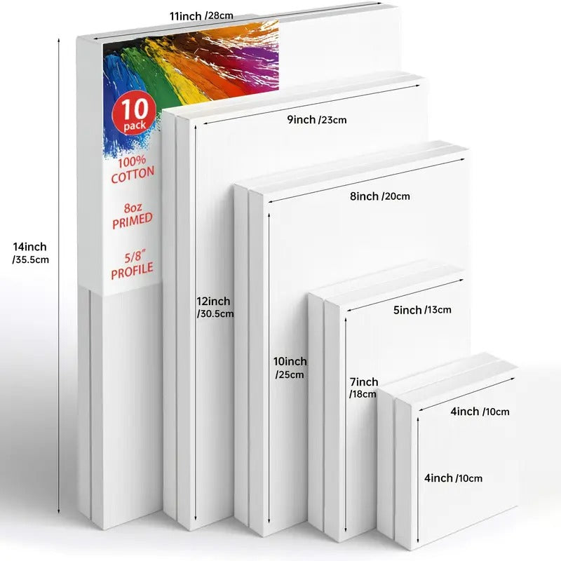 Stretch Canvas, Multi-Piece Set 11X14, 9X12, 8X10, 5X7, 4X4, 10pcs, Primed White - 100% Cotton Artist Canvas Boards, Suitable for Painting, Acrylic Pouring, Oil Painting Wet And Dry Art Mediums