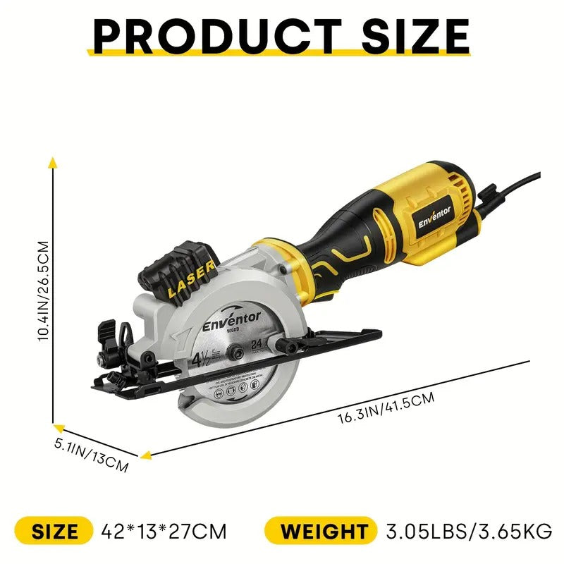 Mini Circular Saw, ENVENTOR 5.8A Compact Circular Saw With Laser Guide, Mini Saw 6 Saw Blades, Max Cutting Depth 1-11/16"(90°), 1-1/8"(45°), Ideal For Soft Metal, Wood, Tile, Drywall, And Plastic Cuts
