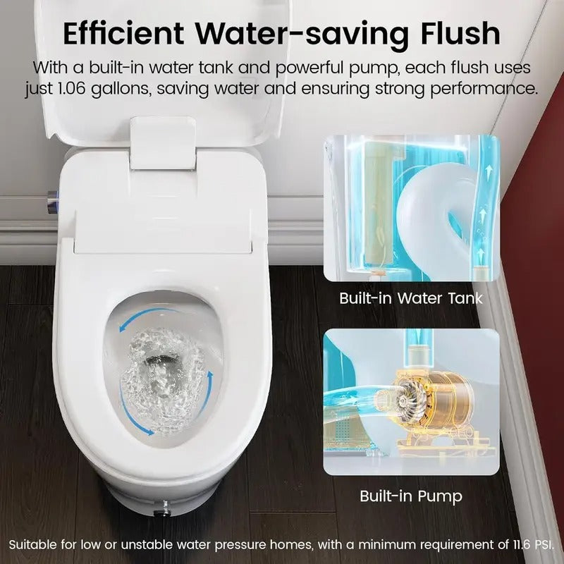 Smart Toilet with Built-In Bidet, Auto Open and Close Lid, Heated Seat, Warm Air Dryer, Night Light, 1.06 GPF Powerful Auto Flush and Blackout Flush, Easy Operation by Knob, Remote, Kick Button