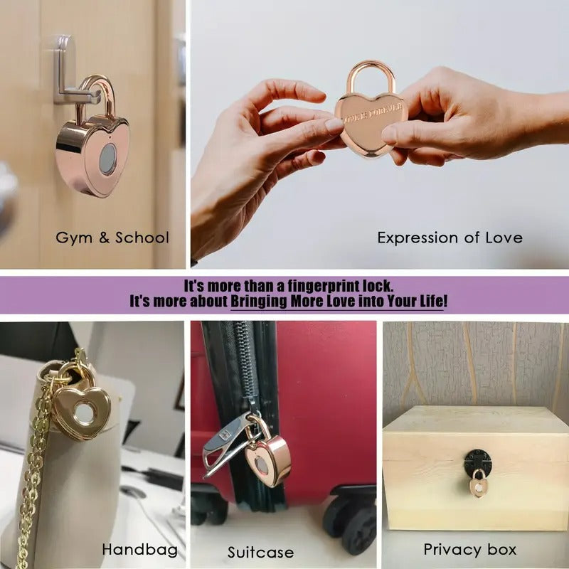 [Rose Golden Fingerprint Padlock] Rose Golden Small Smart Padlock - Heart Shaped Fingerprint Lock for Gym Locker, Backpack, School, Mailbox, Travel Suitcase