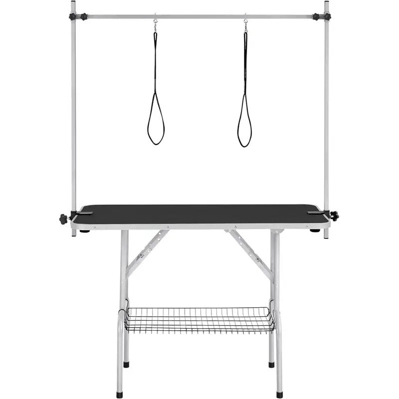 32in Foldable & Portable Pet Grooming Table for Home - Stainless Steel H-Shape Frame Height Adjustable Pet Beauty Table w/Arm/Noose/Mesh Tray